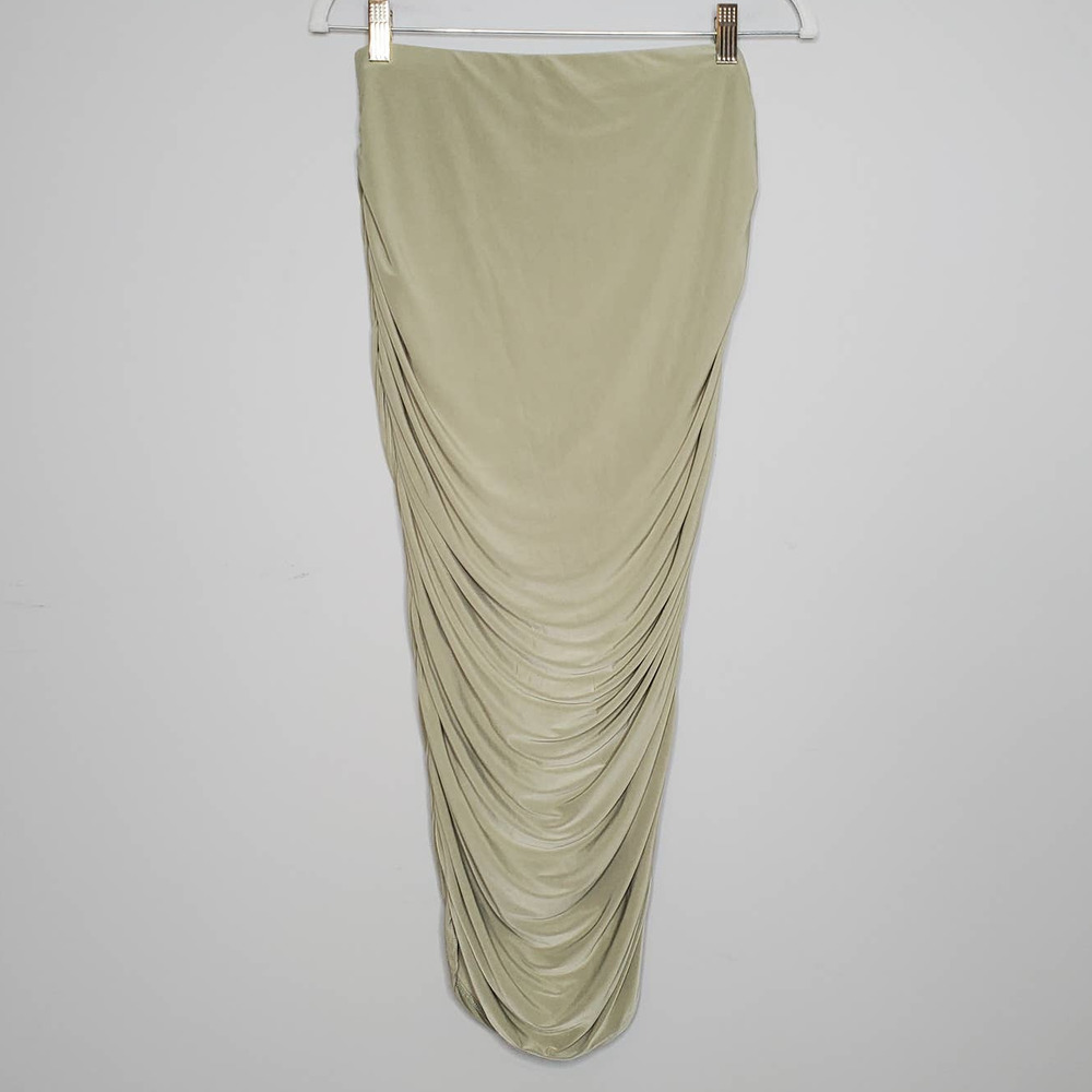 PRETTYLITTLETHING • Sage Green Slinky Second Skin Ruched Mini Skirt NEW Sz 8 - Picture 2 of 7